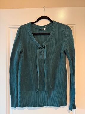 GAP Teal Ribbed Tie-Front V-Neck Sweater